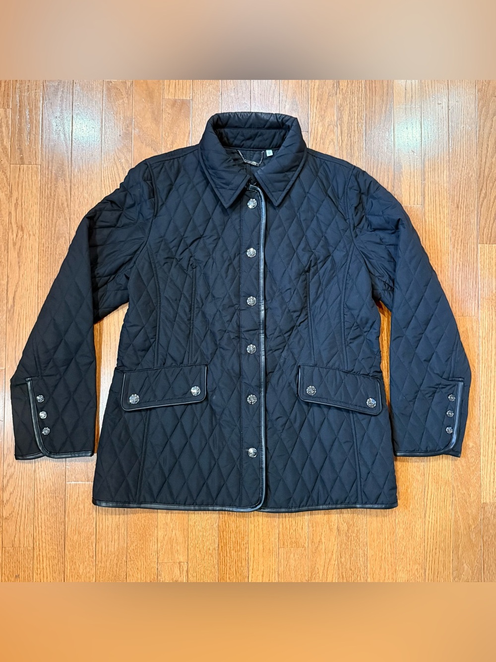 Chico's Womens 1 Medium Diamond Quilted Jacket Faux Leather Barn Coat Equestrian